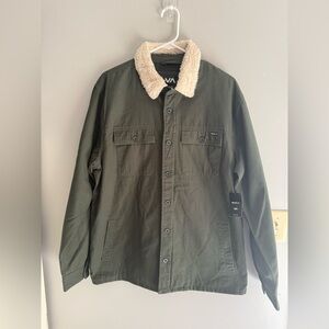 RVCA Men’s Army Green Range Jacket SZ L Button Front Sherpa Collar Canvas New